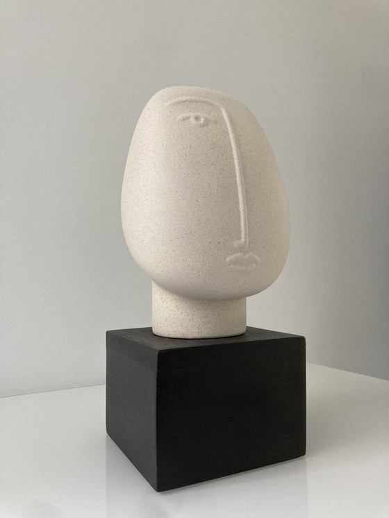 Image 1 of Modern Sculpture Of A Stylized Head, Made Of Rough Ceramic On Pedestal