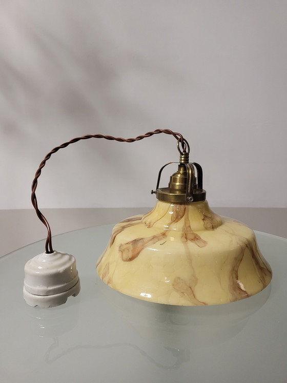 Image 1 of Art deco opaline glass hanging lamp, brown marbled glass and brass fixture, Belgium