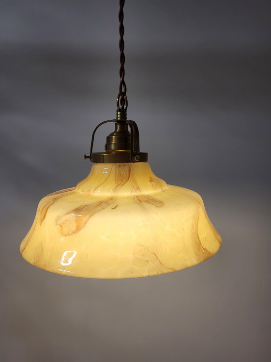 Image 1 of Art deco opaline glass hanging lamp, brown marbled glass and brass fixture, Belgium