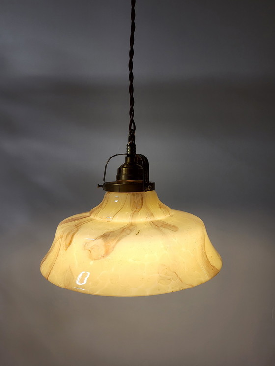 Image 1 of Art deco opaline glass hanging lamp, brown marbled glass and brass fixture, Belgium