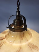 Art deco opaline glass hanging lamp, brown marbled glass and brass fixture, Belgium