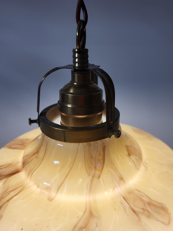 Image 1 of Art deco opaline glass hanging lamp, brown marbled glass and brass fixture, Belgium