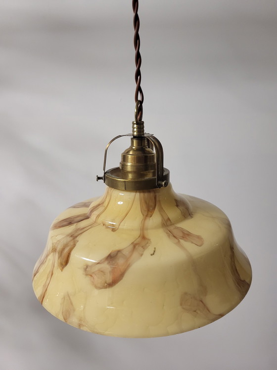 Image 1 of Art deco opaline glass hanging lamp, brown marbled glass and brass fixture, Belgium