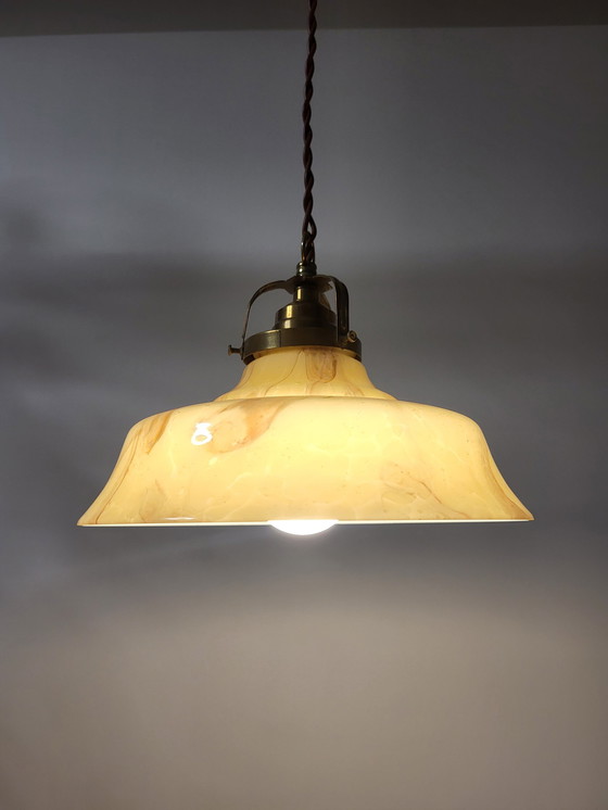 Image 1 of Art deco opaline glass hanging lamp, brown marbled glass and brass fixture, Belgium