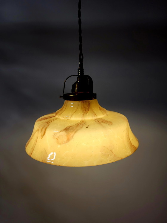 Image 1 of Art deco opaline glass hanging lamp, brown marbled glass and brass fixture, Belgium