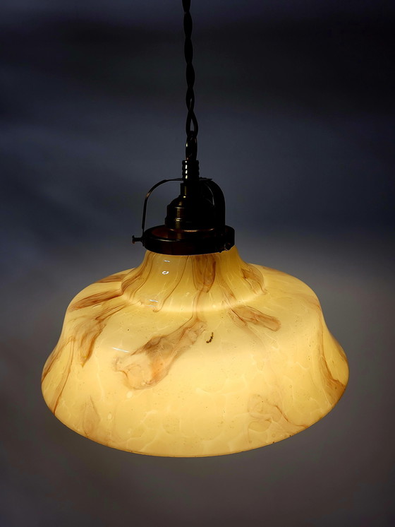 Image 1 of Art deco opaline glass hanging lamp, brown marbled glass and brass fixture, Belgium