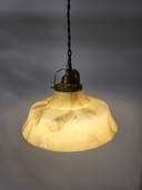 Art deco opaline glass hanging lamp, brown marbled glass and brass fixture, Belgium