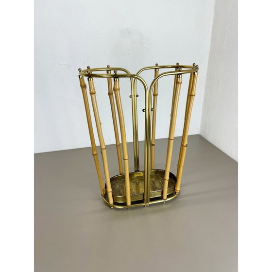 Image 1 of Hollywood Regency vintage brass and bamboo umbrella stand, Austria 1950s
