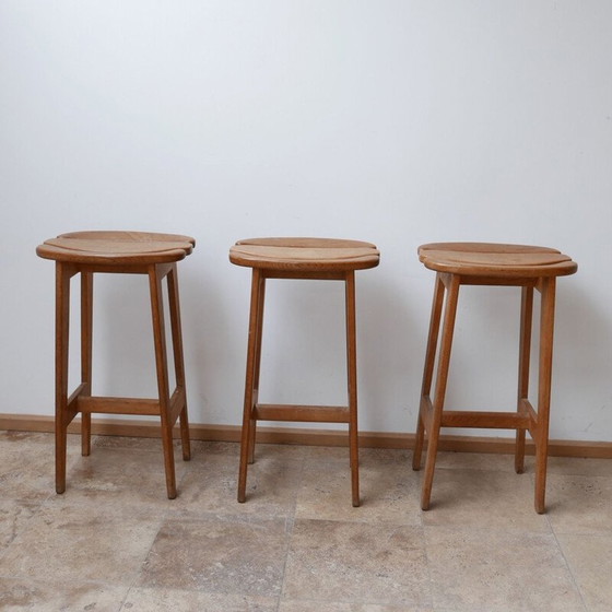 Image 1 of Set of 3 oakwood mid-century bar stools by Guillerme et Chambron, France 1960s