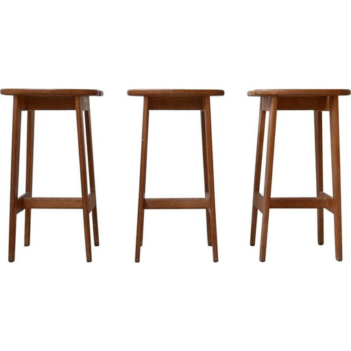 Set of 3 oakwood mid-century bar stools by Guillerme et Chambron, France 1960s