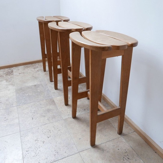 Image 1 of Set of 3 oakwood mid-century bar stools by Guillerme et Chambron, France 1960s