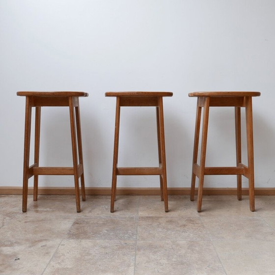 Image 1 of Set of 3 oakwood mid-century bar stools by Guillerme et Chambron, France 1960s