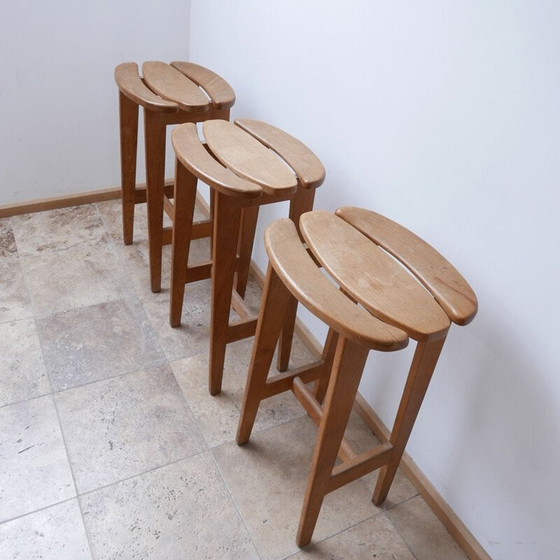 Image 1 of Set of 3 oakwood mid-century bar stools by Guillerme et Chambron, France 1960s