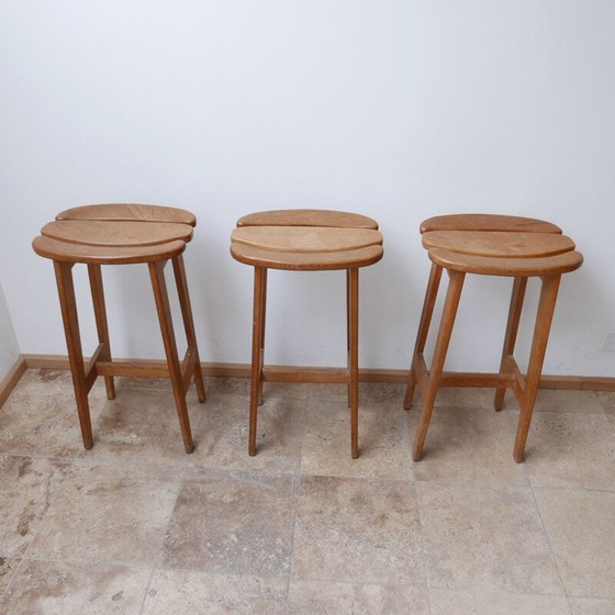 Image 1 of Set of 3 oakwood mid-century bar stools by Guillerme et Chambron, France 1960s