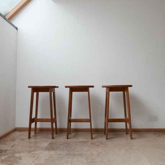 Image 1 of Set of 3 oakwood mid-century bar stools by Guillerme et Chambron, France 1960s