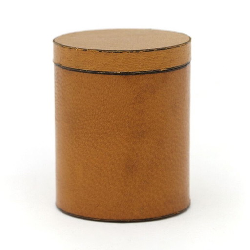 Vintage cylindrical leather box with lid, Italy 1970