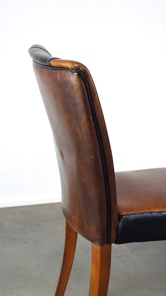 Image 1 of 4 x Chaise de salle à manger design en cuir de mouton marron avec cuir noir