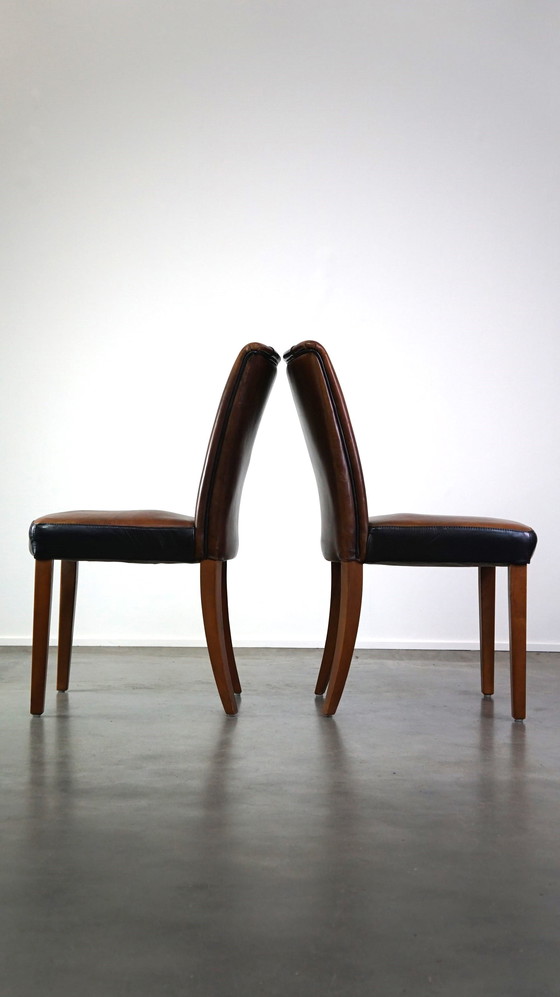 Image 1 of 4 x Chaise de salle à manger design en cuir de mouton marron avec cuir noir