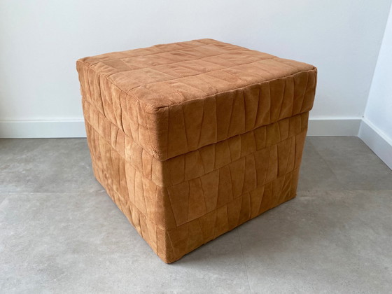 Image 1 of 1x ottoman / pouf / tabouret patchwork en daim marron avec rangement