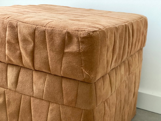 Image 1 of 1x ottoman / pouf / tabouret patchwork en daim marron avec rangement