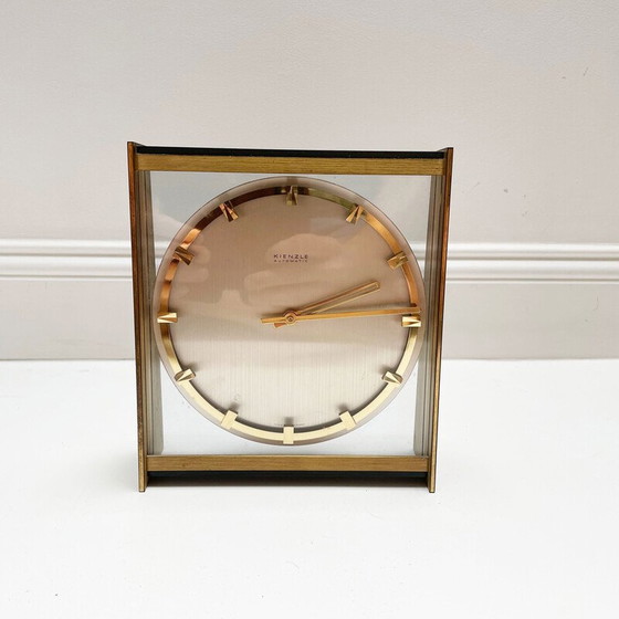 Image 1 of Vintage Hollywood Regency brass and glass table clock by Kienzle, Germany 1960s