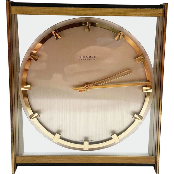 Image 1 of Vintage Hollywood Regency brass and glass table clock by Kienzle, Germany 1960s