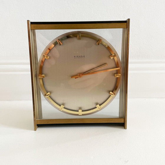 Image 1 of Vintage Hollywood Regency brass and glass table clock by Kienzle, Germany 1960s