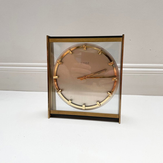Image 1 of Vintage Hollywood Regency brass and glass table clock by Kienzle, Germany 1960s