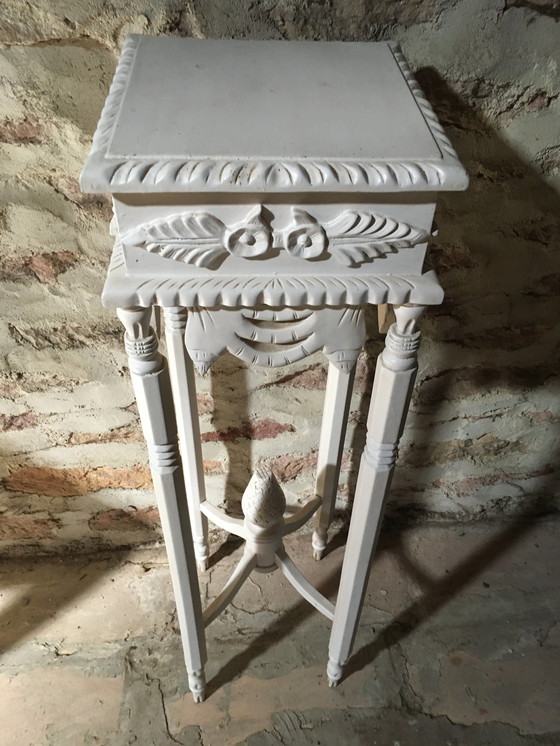 Image 1 of Vintage stand in carved wood with white patina