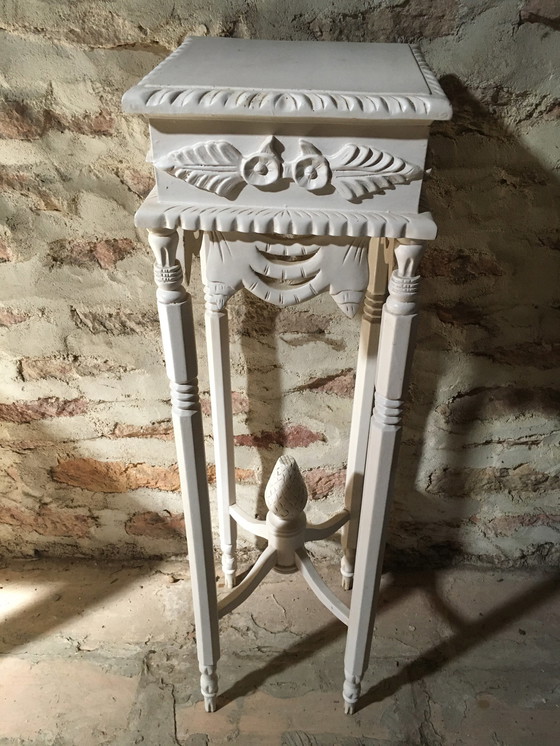 Image 1 of Vintage stand in carved wood with white patina