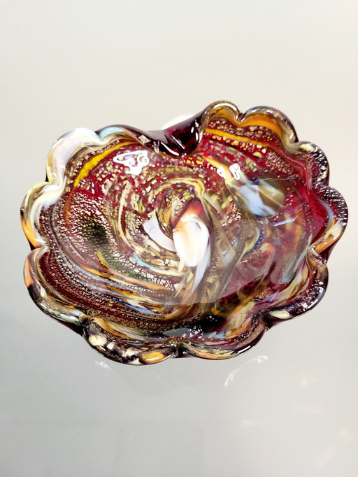 Murano dish, tutti Frutti, organic design with silver leaves, Italy