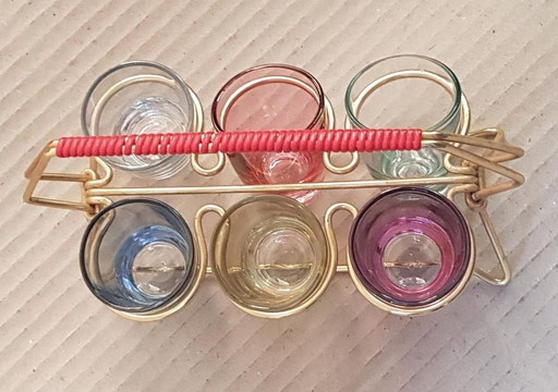 Drinking Shot Glass Set With Metal Holder, 1950S