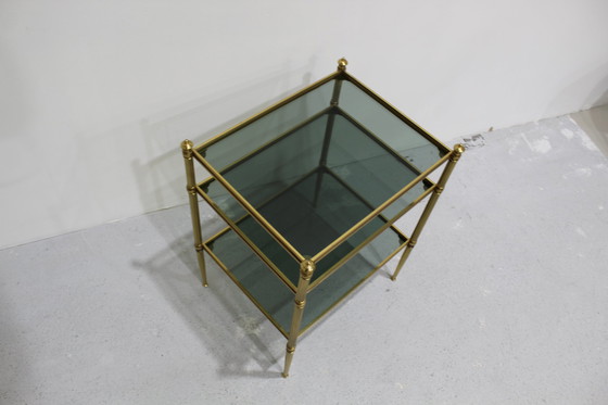 Image 1 of Vintage side table - blue smoked glass, brass 1970s