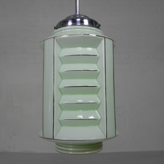 Image 1 of Lampe suspendue Art déco avec abat-jour lanterne en verre, années 1930