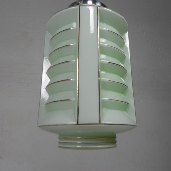 Image 1 of Lampe suspendue Art déco avec abat-jour lanterne en verre, années 1930