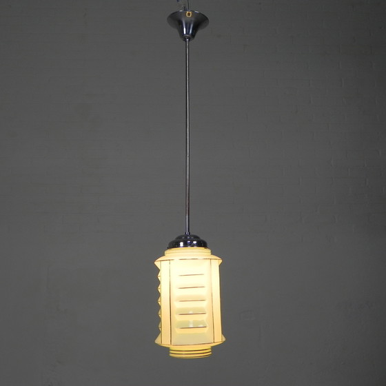 Image 1 of Lampe suspendue Art déco avec abat-jour lanterne en verre, années 1930