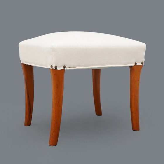 Image 1 of Pair of padded wooden and white fabric stools, Italy 1950