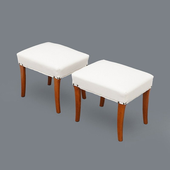 Image 1 of Pair of padded wooden and white fabric stools, Italy 1950