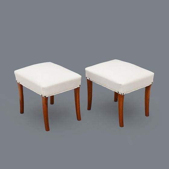 Image 1 of Pair of padded wooden and white fabric stools, Italy 1950