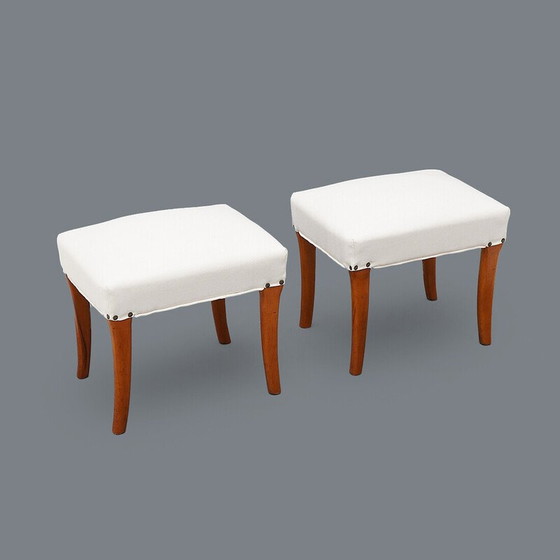 Image 1 of Pair of padded wooden and white fabric stools, Italy 1950