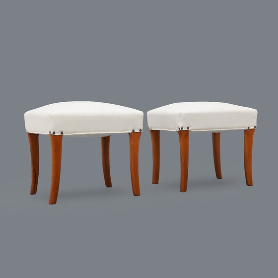 Image 1 of Pair of padded wooden and white fabric stools, Italy 1950