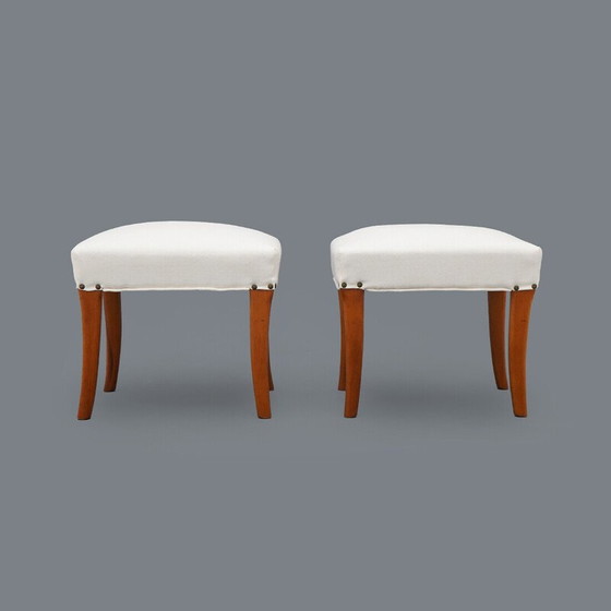 Image 1 of Pair of padded wooden and white fabric stools, Italy 1950