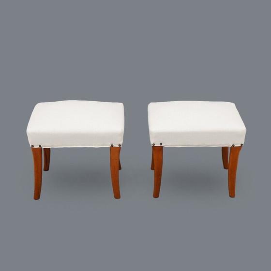 Image 1 of Pair of padded wooden and white fabric stools, Italy 1950