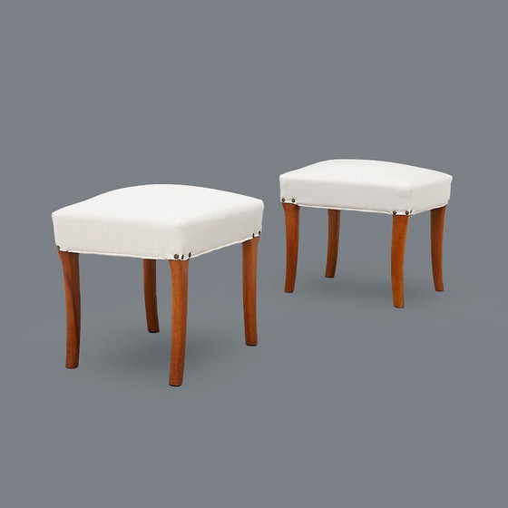 Image 1 of Pair of padded wooden and white fabric stools, Italy 1950