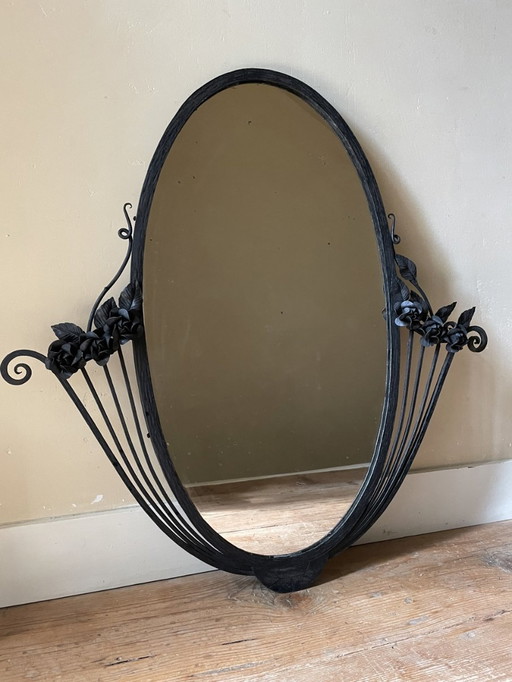 Large Art Deco 1930s Mirror Iron Frame And Flowers