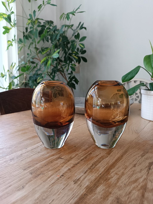 2 X Mondgeblazen Glas Vazen, Cognac