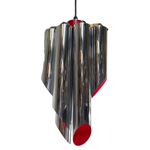 Space Age Design / Pop Art - Chromed And Red Inside - Hanging Pendant - Polished Tubes