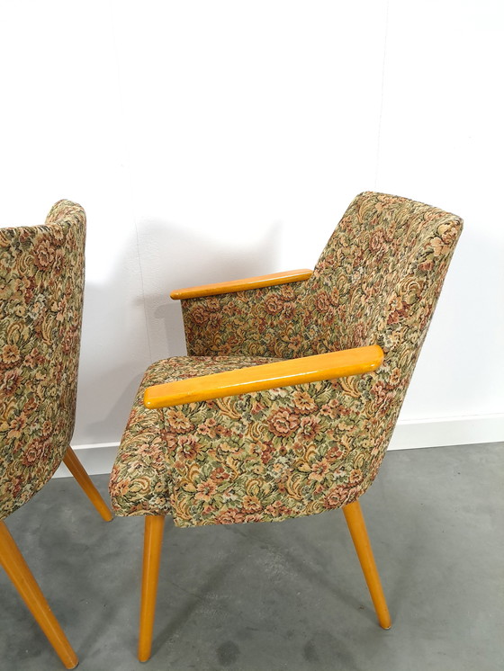 Image 1 of Set of floral armchairs with wooden armrests