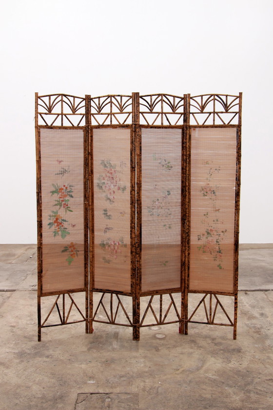 Image 1 of Vintage oriental Bamboo folding screen with fabric, 1960