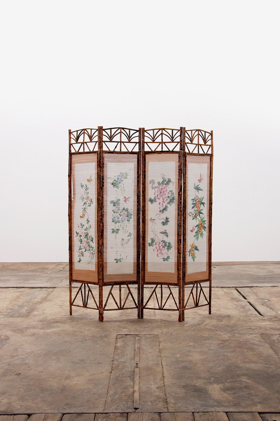 Image 1 of Vintage oriental Bamboo folding screen with fabric, 1960